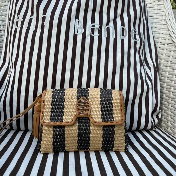 Henri Bendel Dark Brown and Tan Raffia Clutch/Wristlet - Picture 1 of 12